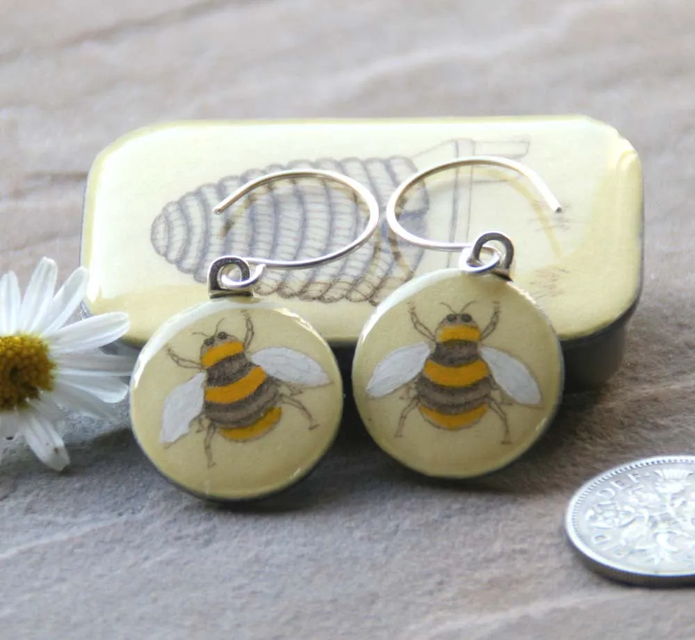 Cottage Garden Sixpence Earrings and Teeny Tiny Tin - Bee