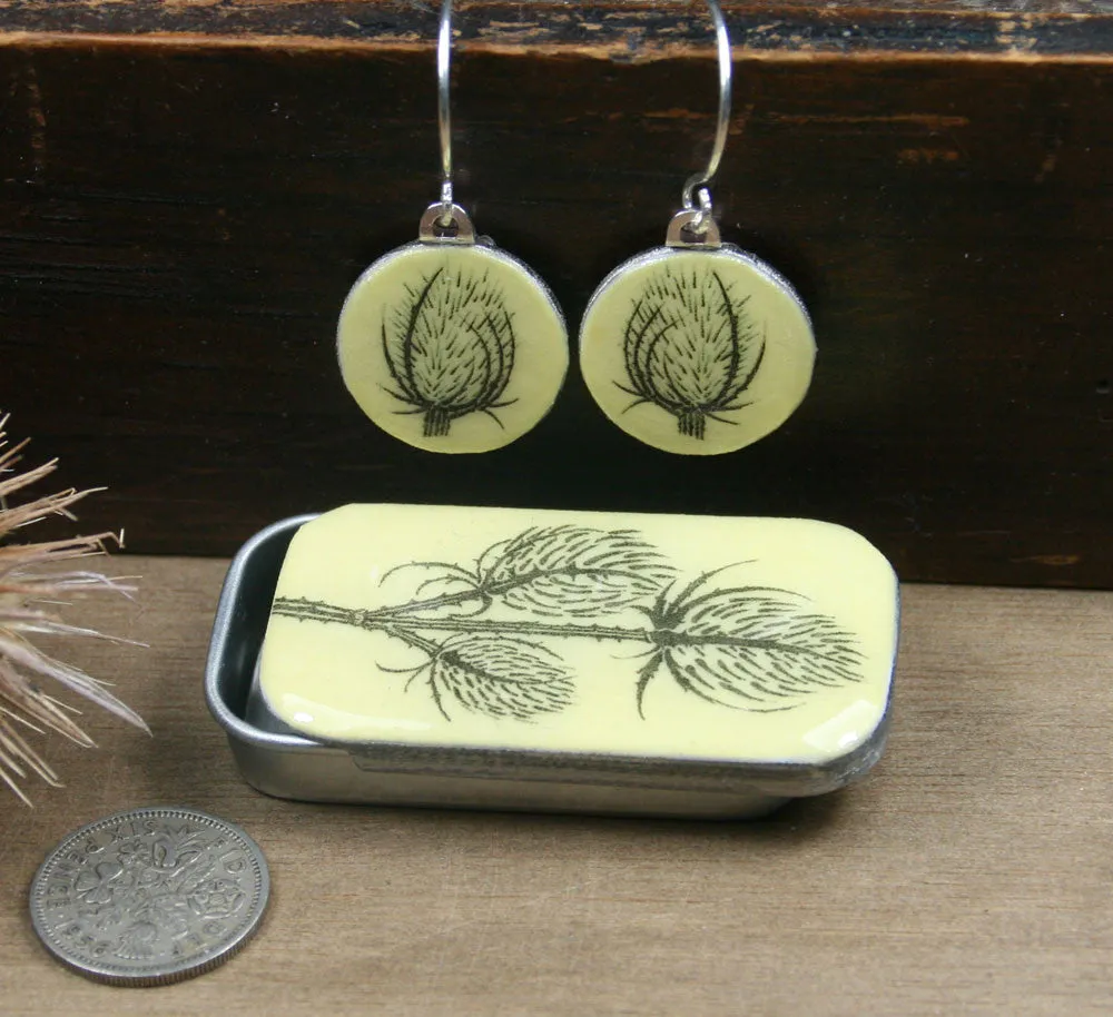 Cottage Garden Sixpence Earrings and Teeny Tiny Tin - Teasel