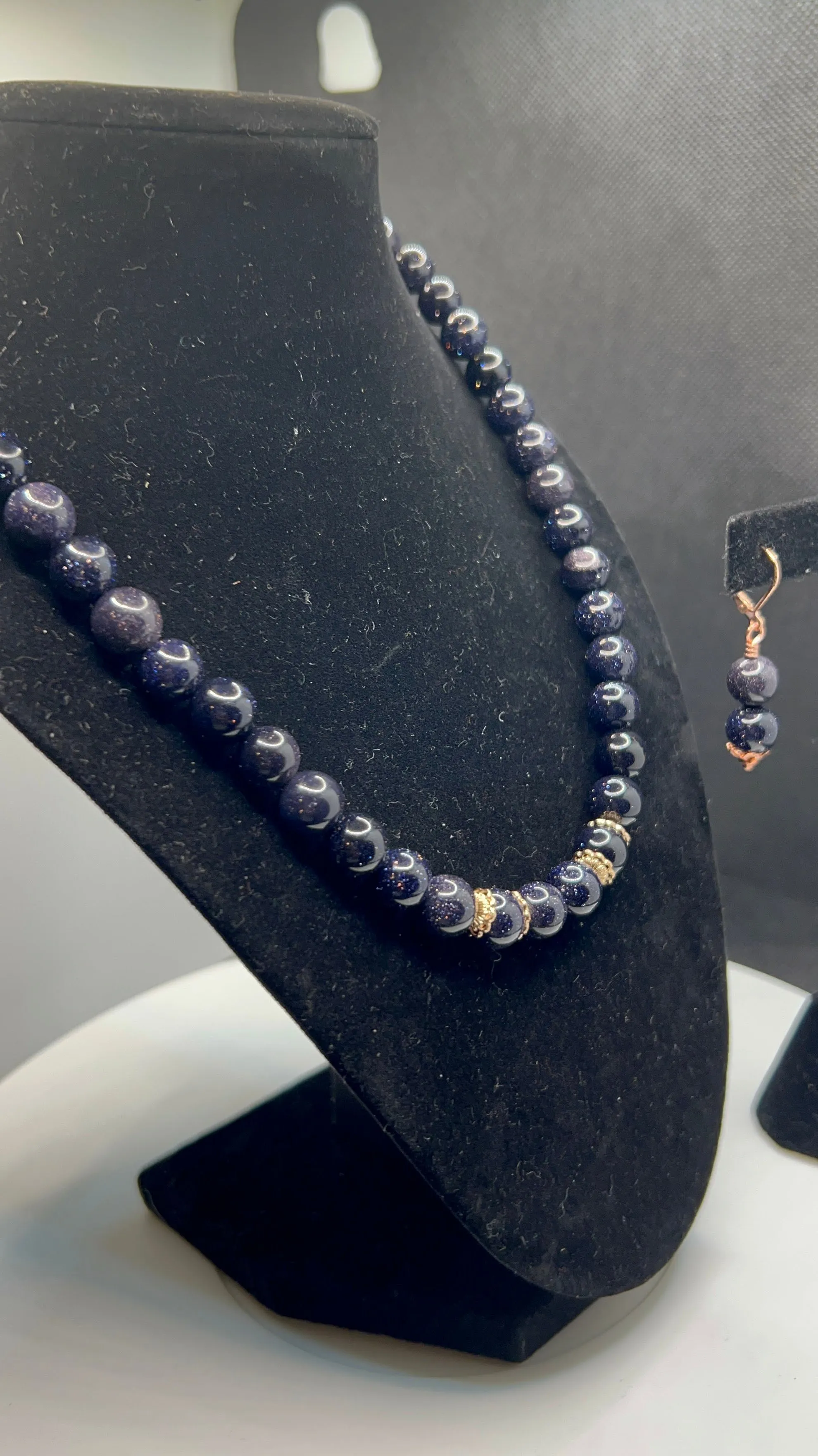 Dark Blue Goldstone Beaded Necklace with Rose Gold and Earrings