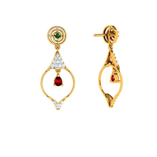 Diamond Embedded Drop Dangler With Precious Red Stone In 14k Gold Earrings