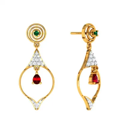 Diamond Embedded Drop Dangler With Precious Red Stone In 14k Gold Earrings