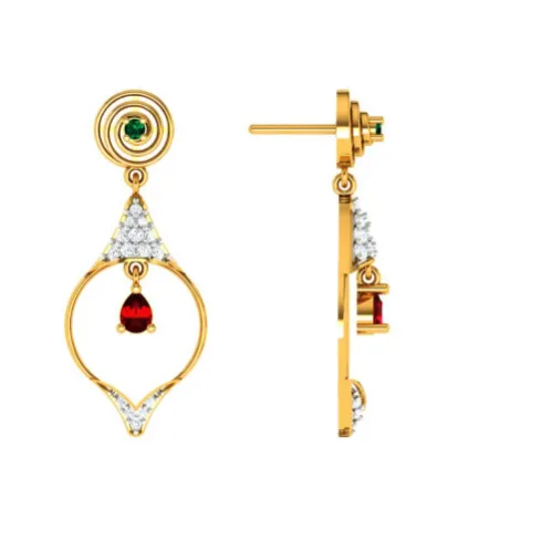 Diamond Embedded Drop Dangler With Precious Red Stone In 14k Gold Earrings