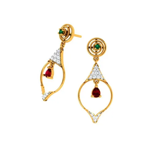 Diamond Embedded Drop Dangler With Precious Red Stone In 14k Gold Earrings