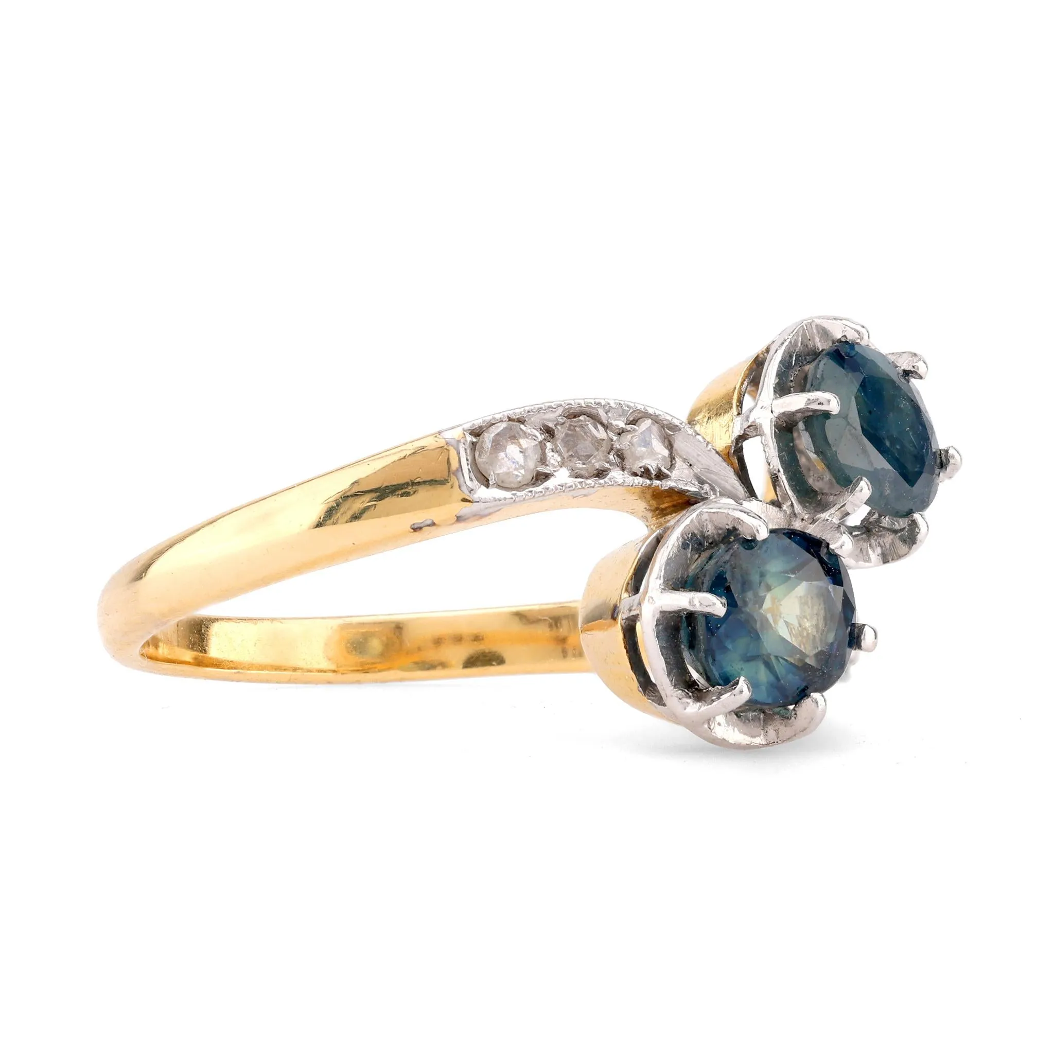 Edwardian Sapphire Diamond 18K Yellow Gold Toi Et Moi Ring