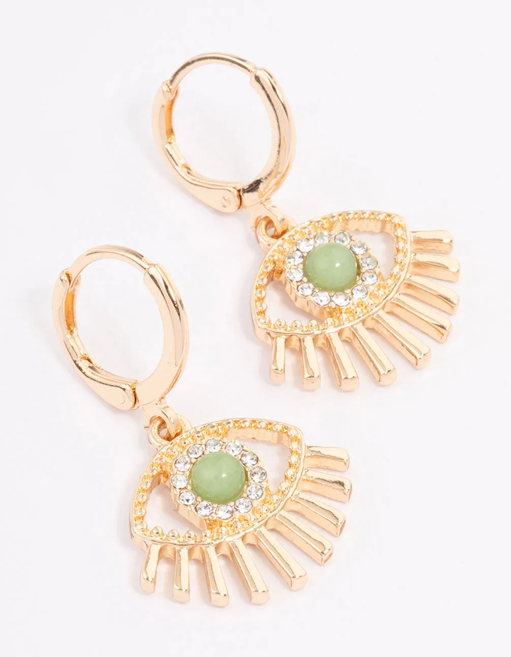 Gold Green Aventurine Diamante Eye Huggie Earrings