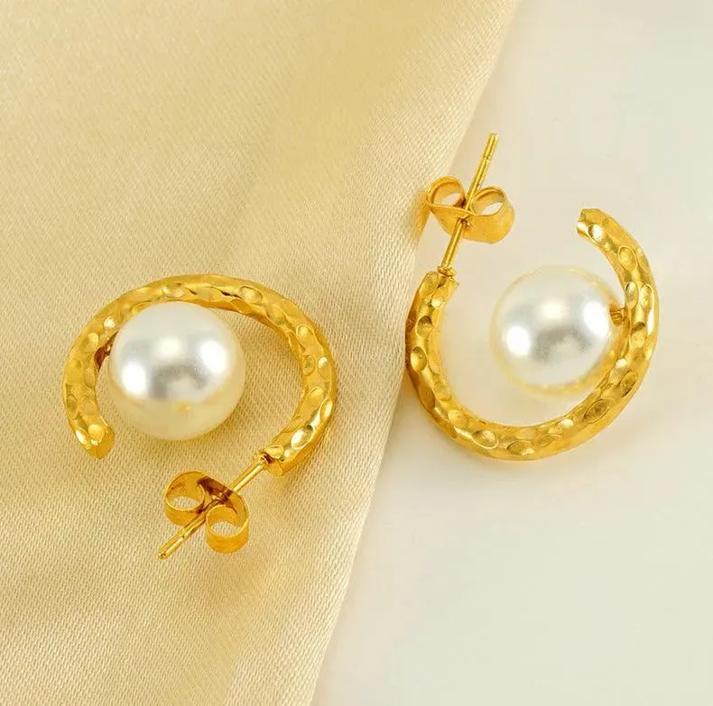 Gold Hoop Earrings with Simulated Pearl – Modern Geometric Drop Earrings