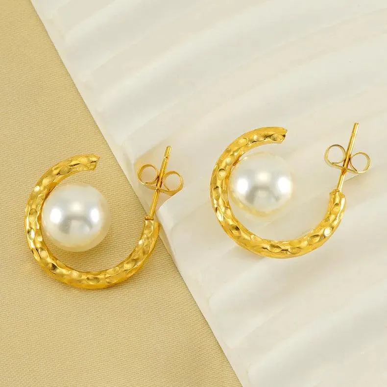 Gold Hoop Earrings with Simulated Pearl – Modern Geometric Drop Earrings