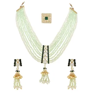 Gold Plated Traditional Kundan & Mint Beads Multistrand Necklace With Earrings, Maang Tikka & Finger Ring Set For Women