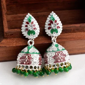 Green & Red mix Shiny Silver Enamel Jhumki Earrings