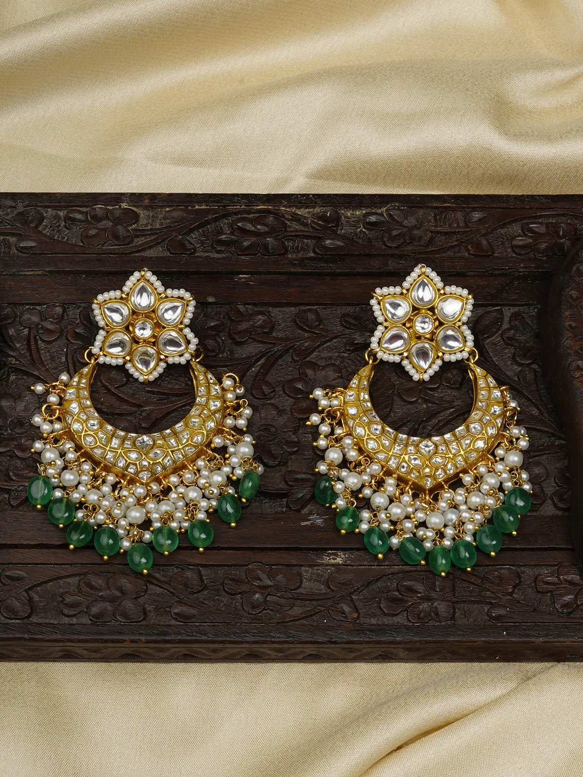 Green Color Gold Plated Thappa Jadau Kundan Earrings - TJ-E101