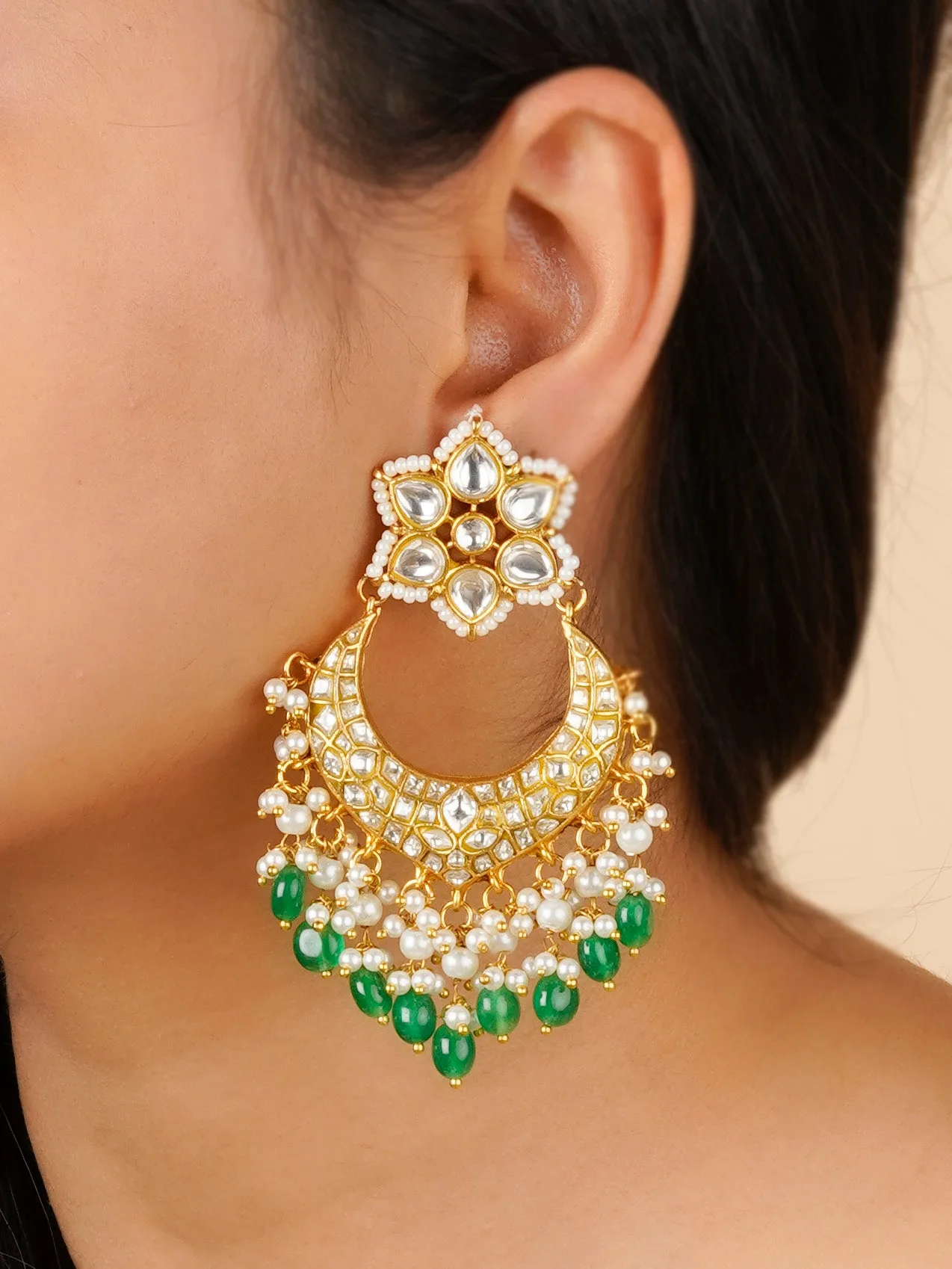 Green Color Gold Plated Thappa Jadau Kundan Earrings - TJ-E101