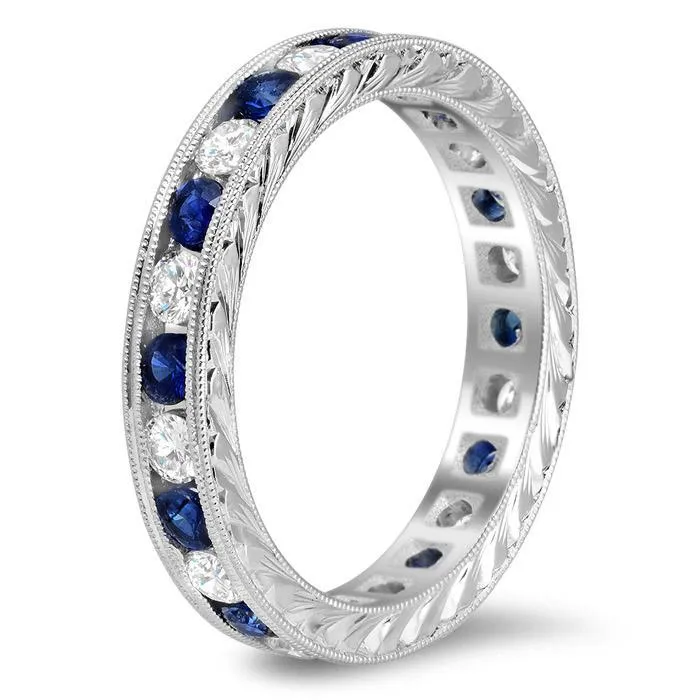 Hand-Engraved Colored Stone and Diamond Eternity Band