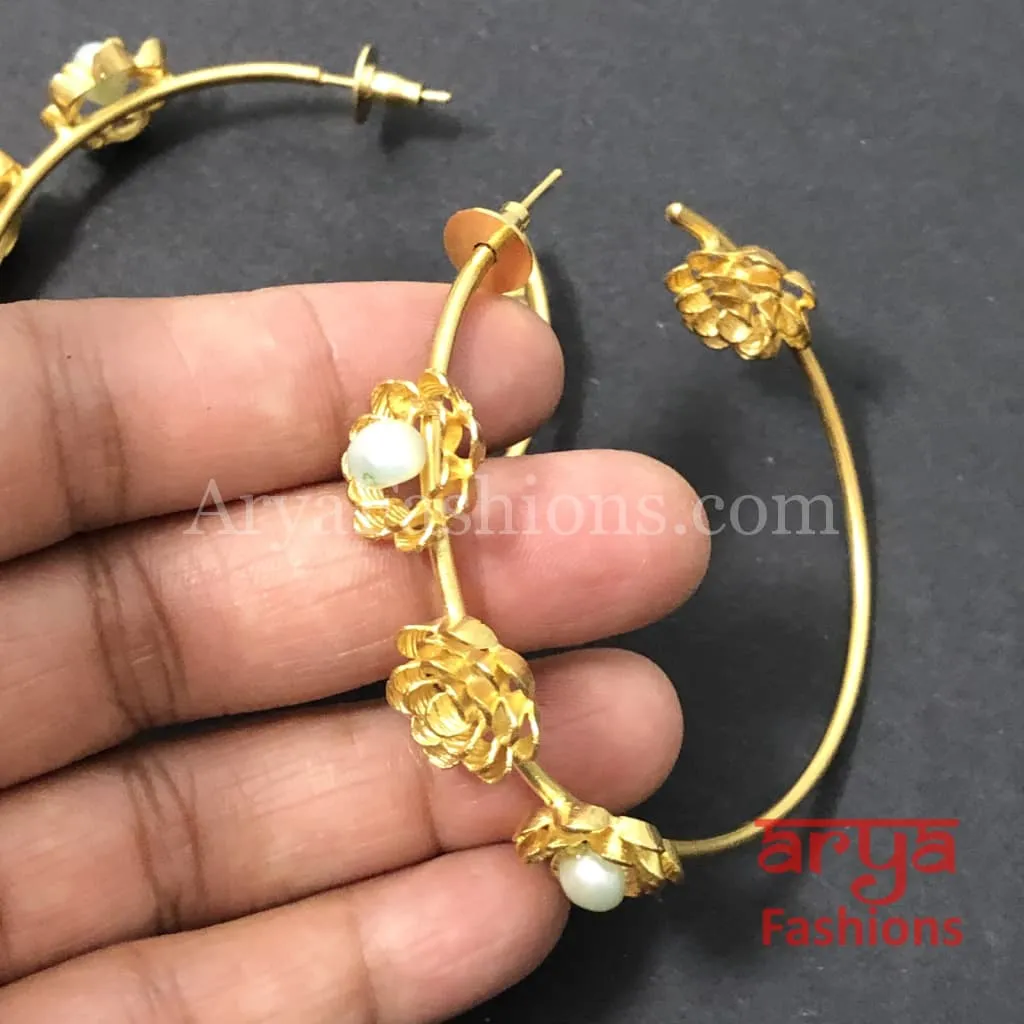 Ivanka Golden Flower Hoop Earrings/Handmade Earrings/Golden Statement earrings