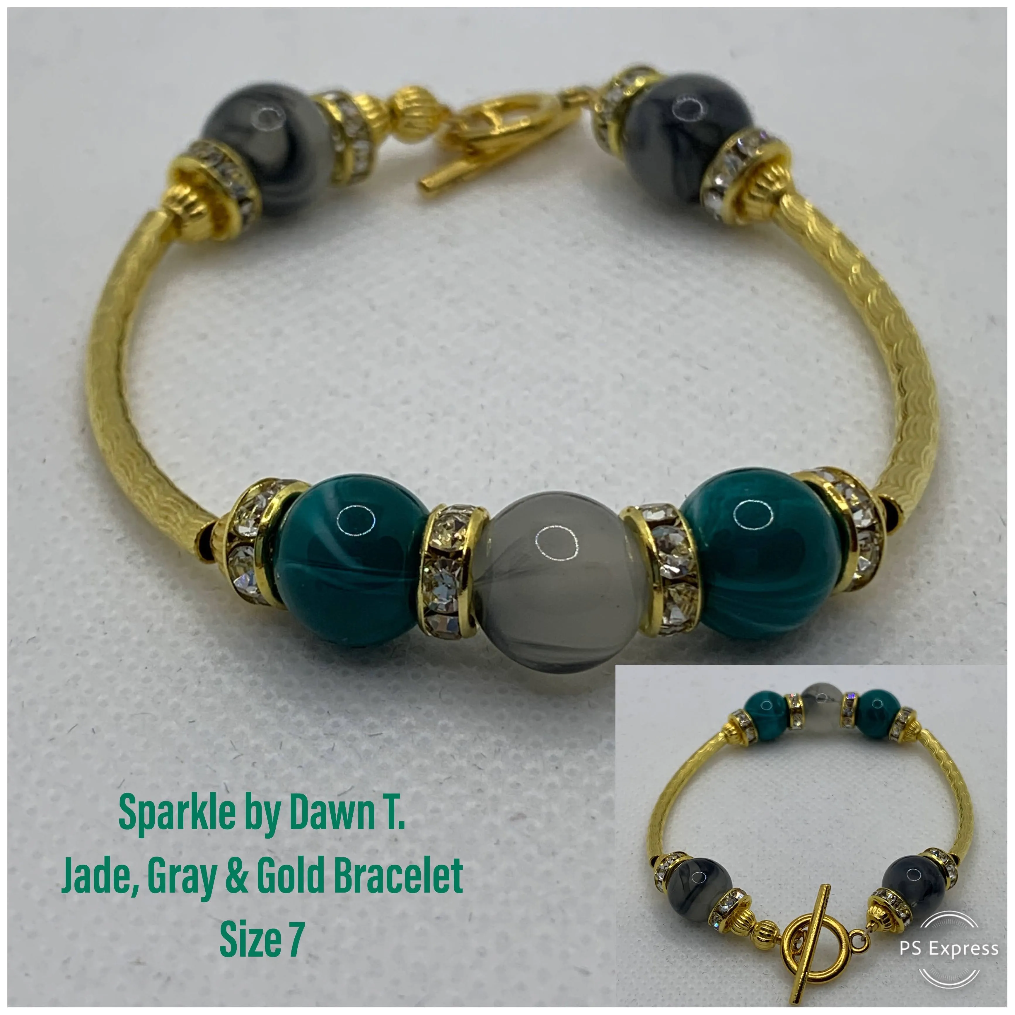 Jade, Gray and Gold Wrapped Pendant on Gold Chain, Bracelet, and Earrings