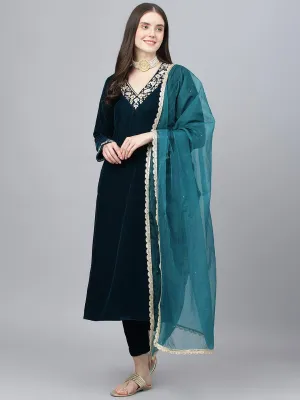 Jashvi Teal Green Velvet hand work Kurta pant With Organza Dupatta set