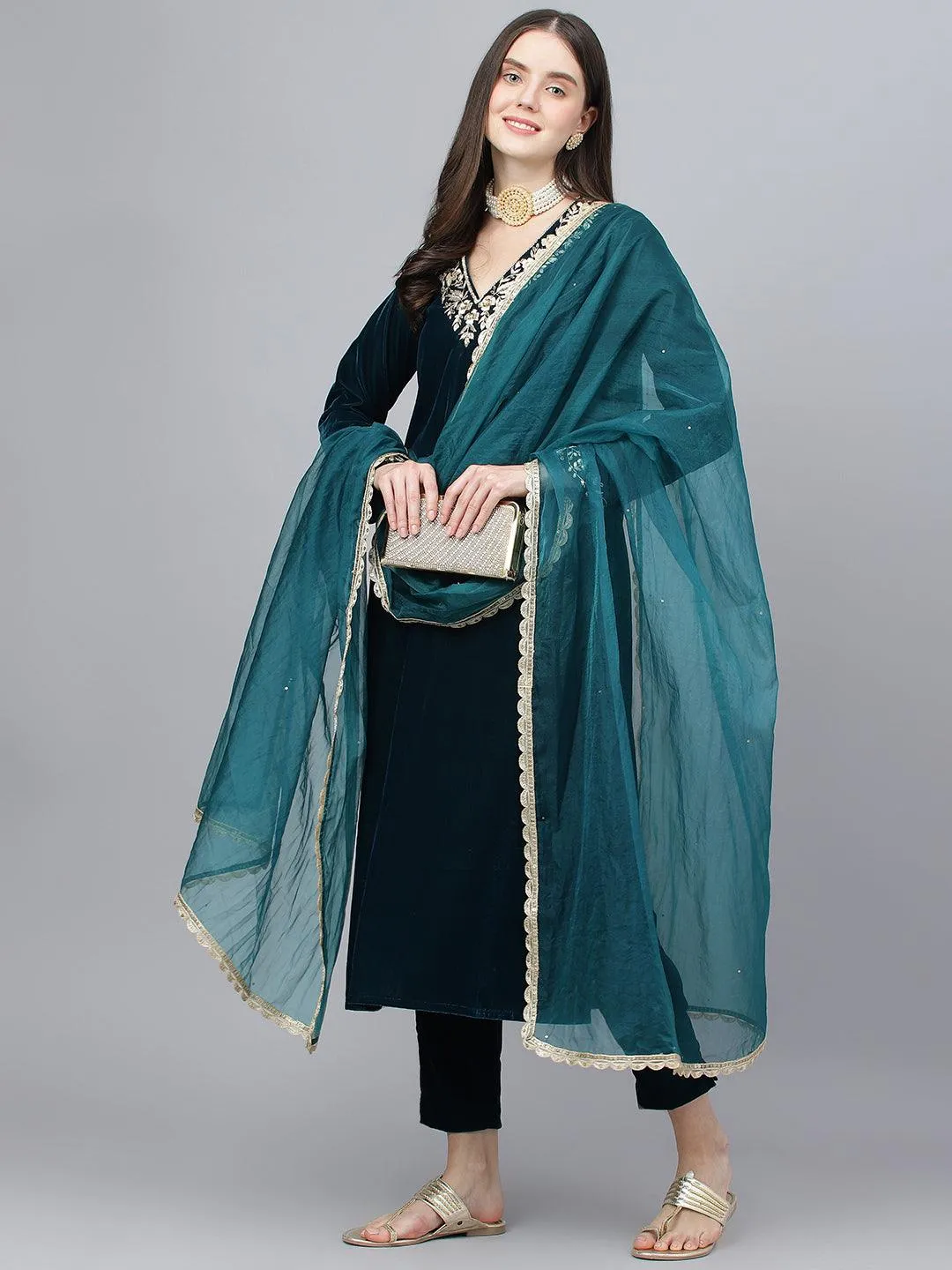 Jashvi Teal Green Velvet hand work Kurta pant With Organza Dupatta set