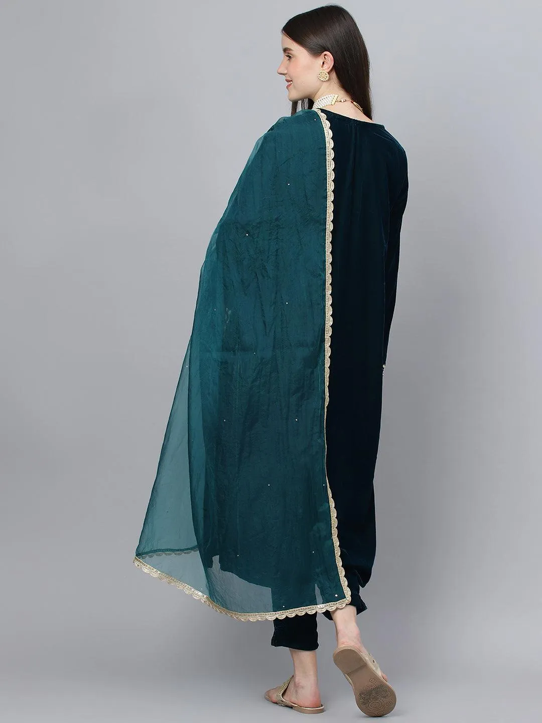 Jashvi Teal Green Velvet hand work Kurta pant With Organza Dupatta set