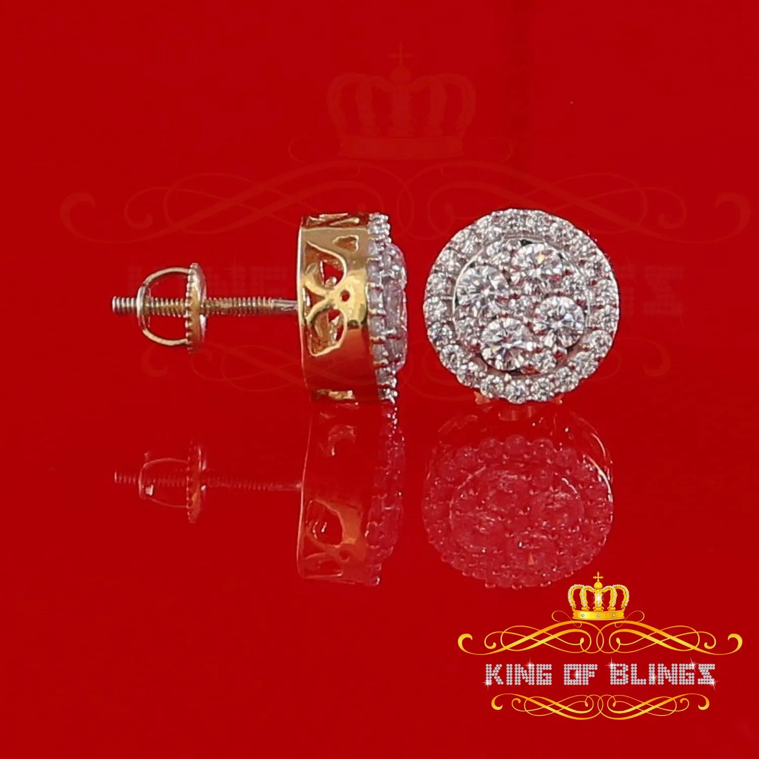 King  of Bling's 925 Yellow Silver 1.77ct Moissanite Women's & Men's Hip Hop Round Earrings