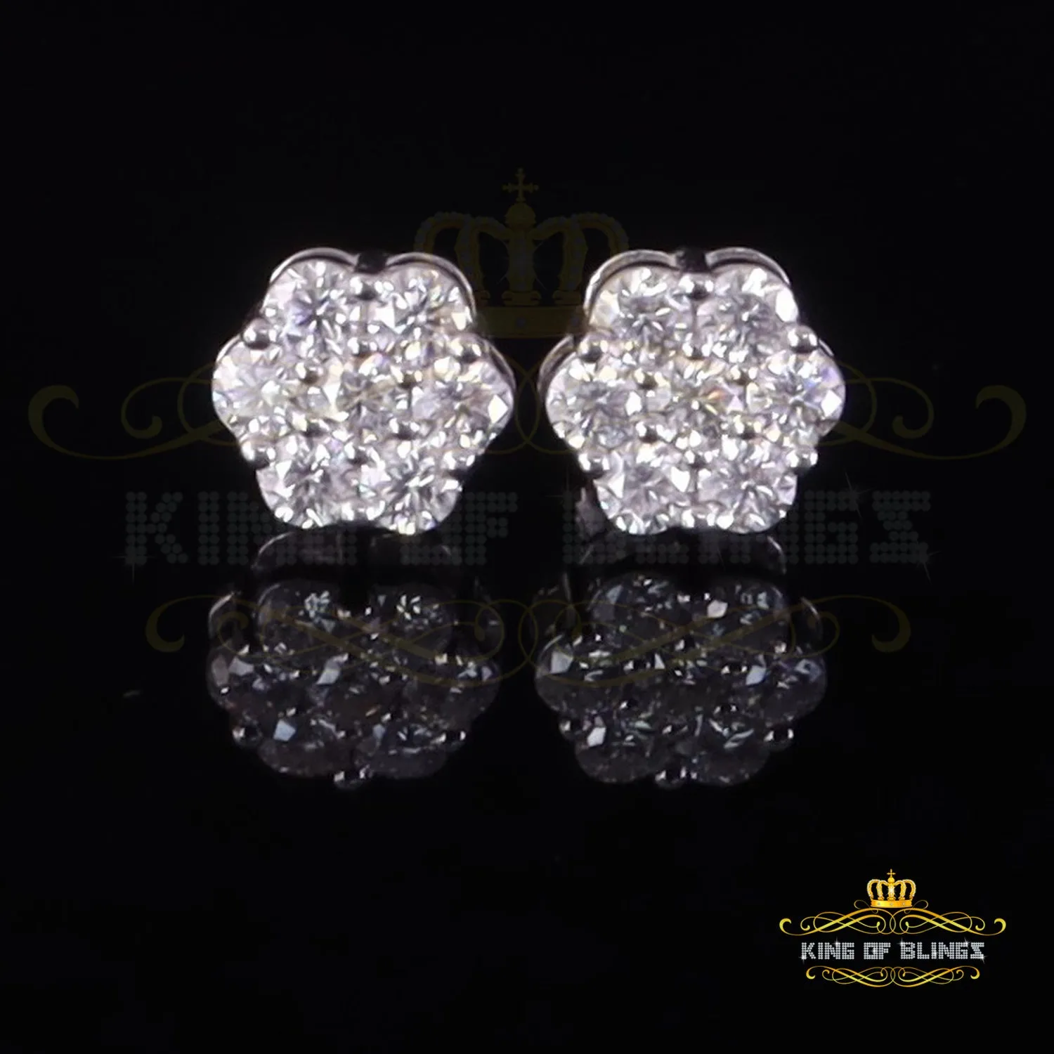 King of Bling's Men's/Womens 925 Silver White 1.00ct VVS 'D' Moissanite Floral Stud Earrings