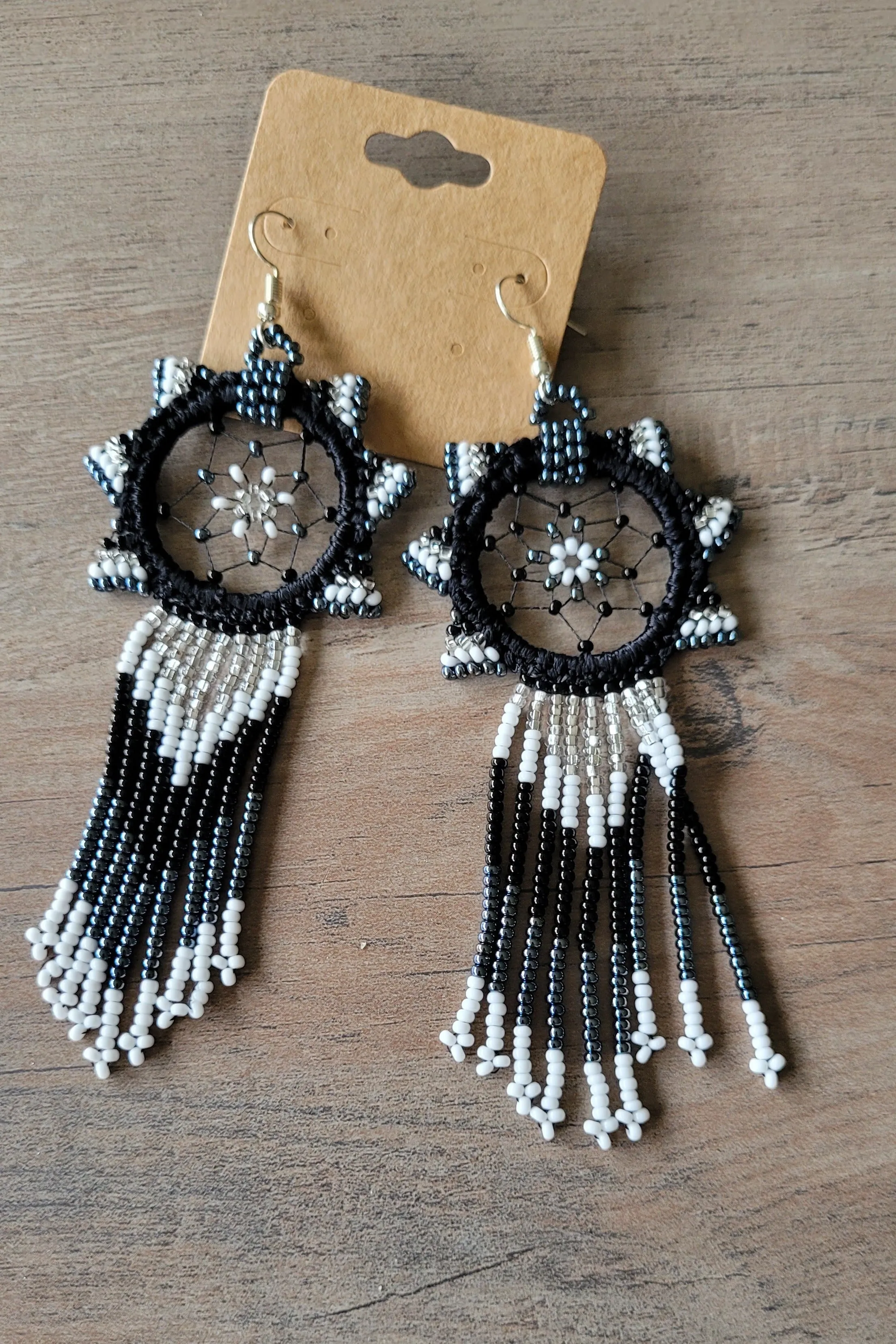 Large Beaded Dream Catcher Fringe Earrings