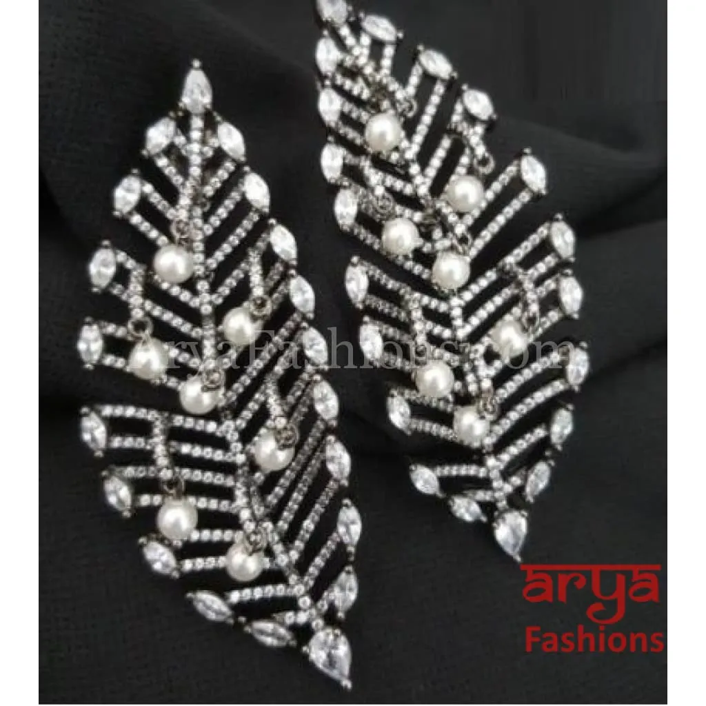 Megan Victorian Black Cubic Zirconia earrings in Leaf Theme