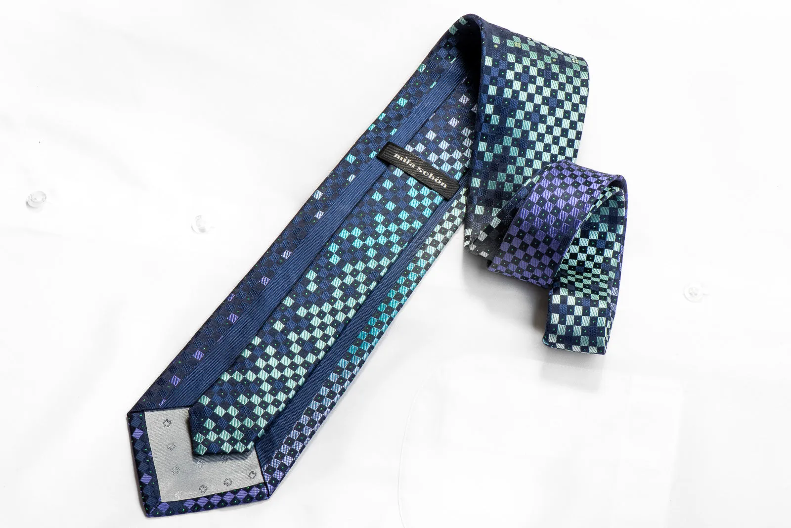 Mila Schon Rhinestone Necktie Teal Purple Checker On Navy With Sparkles Rhinestone Necktie Teal Purple Checker On Navy With Sparkles