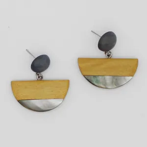 Mustard Wood and Shell Half Moon Earrings