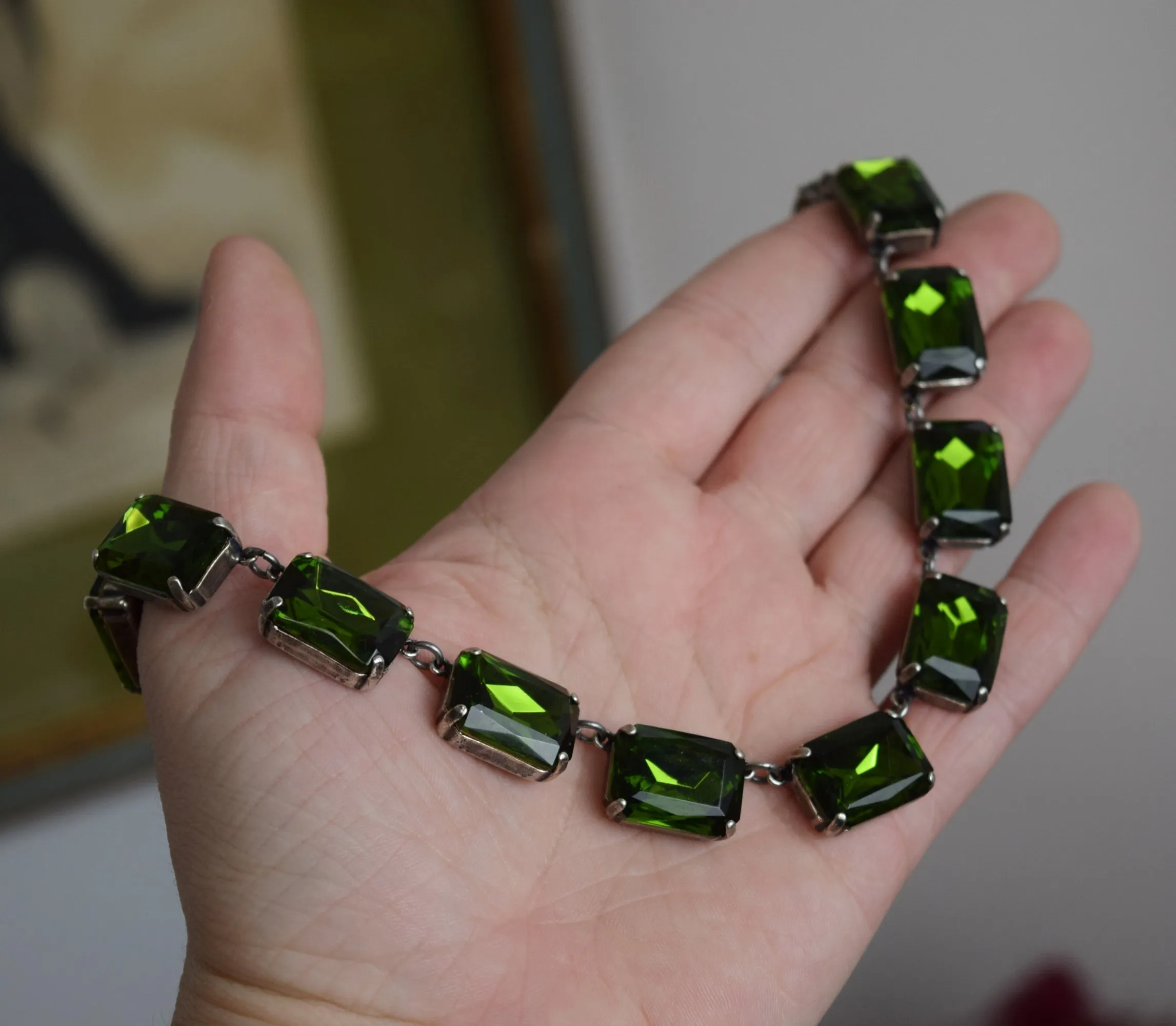 Olive Green Crystal Collet Necklace - Large Octagon