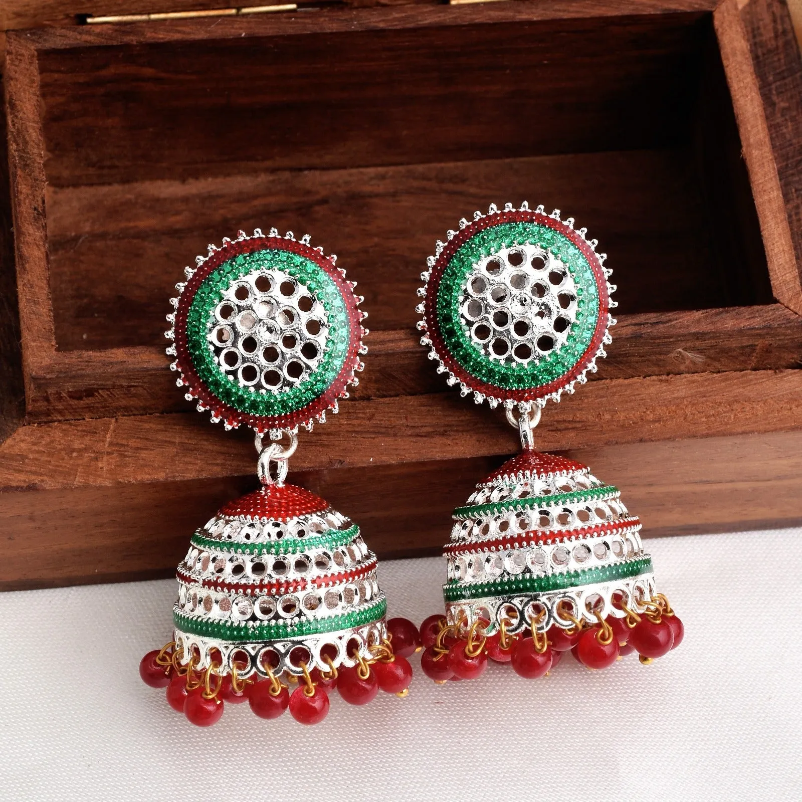 Red & Green mix Shiny Silver Enamel Jhumki Earrings