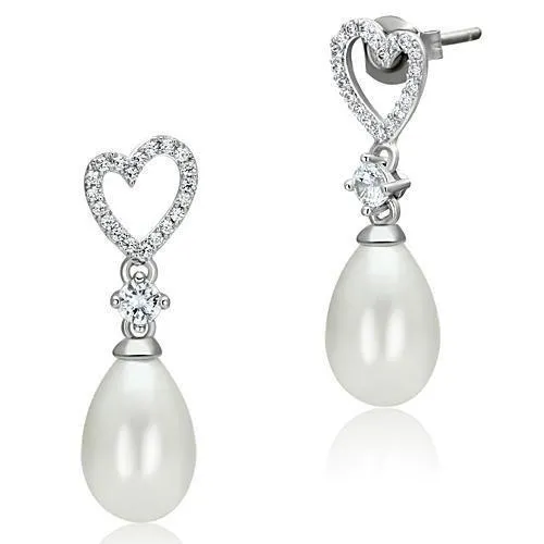 Rhodium 925 Sterling Silver Earrings with Synthetic Pearl in White for Women White Stone Color Style TS064