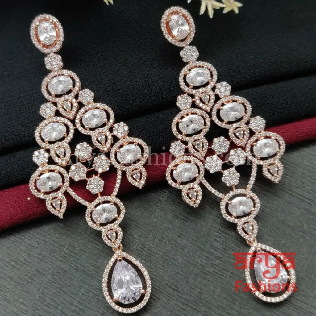 Rose Gold CZ Chandelier Earrings / Silver Colored Stones Chandbali Earrings