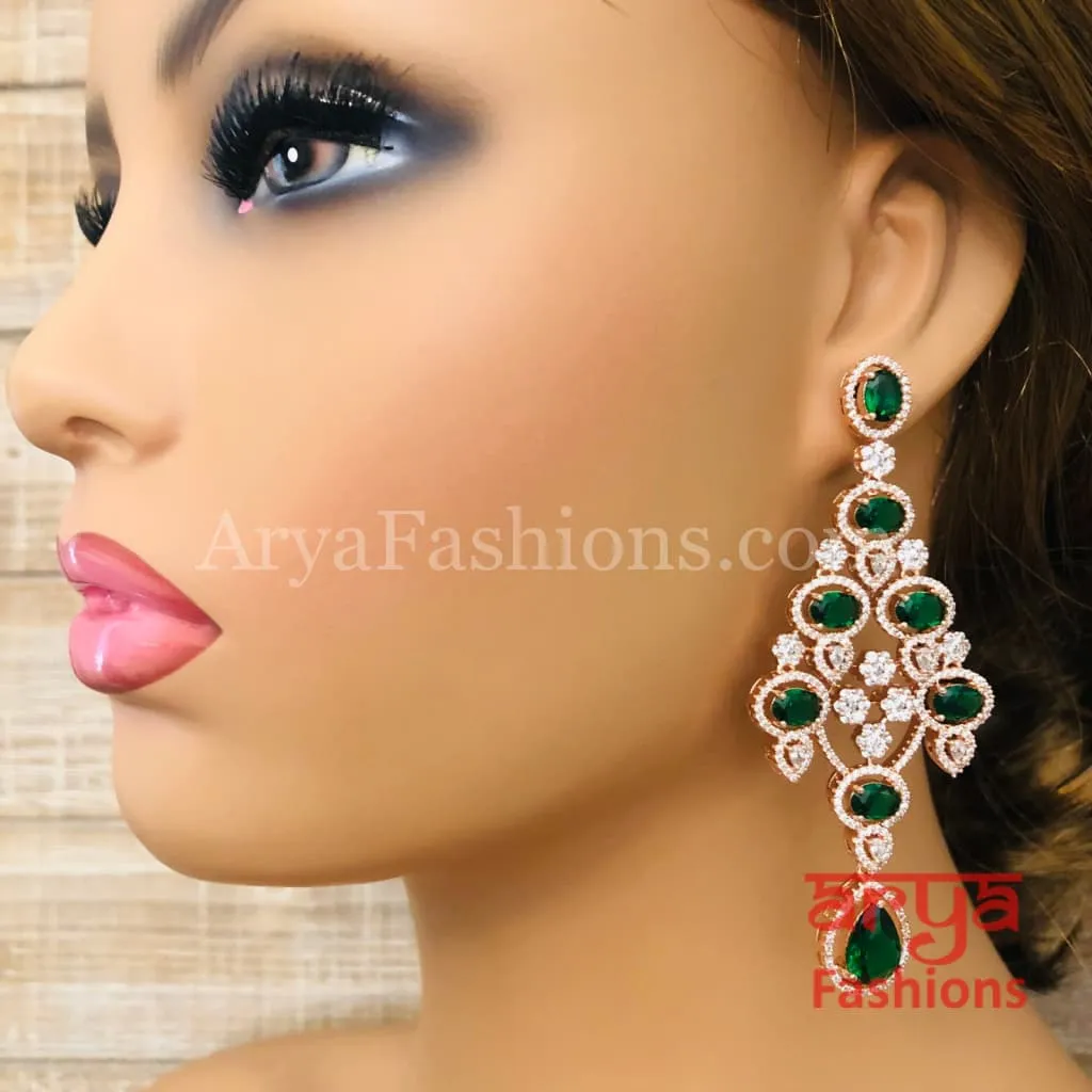 Rose Gold CZ Chandelier Earrings / Silver Colored Stones Chandbali Earrings