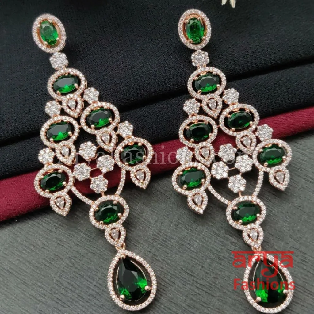 Rose Gold CZ Chandelier Earrings / Silver Colored Stones Chandbali Earrings