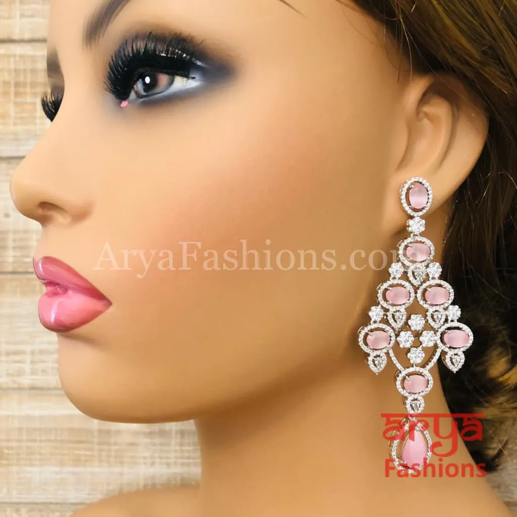 Rose Gold CZ Chandelier Earrings / Silver Colored Stones Chandbali Earrings