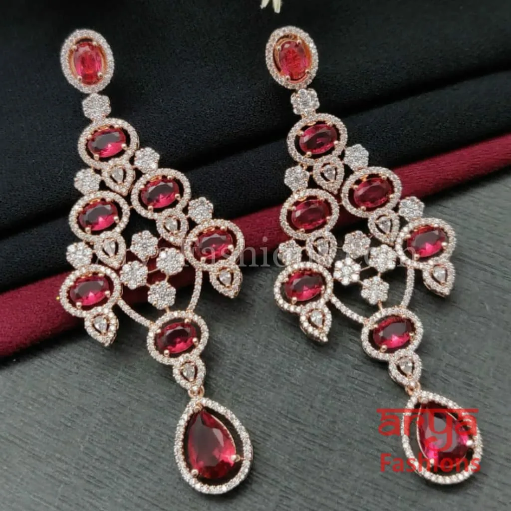 Rose Gold CZ Chandelier Earrings / Silver Colored Stones Chandbali Earrings