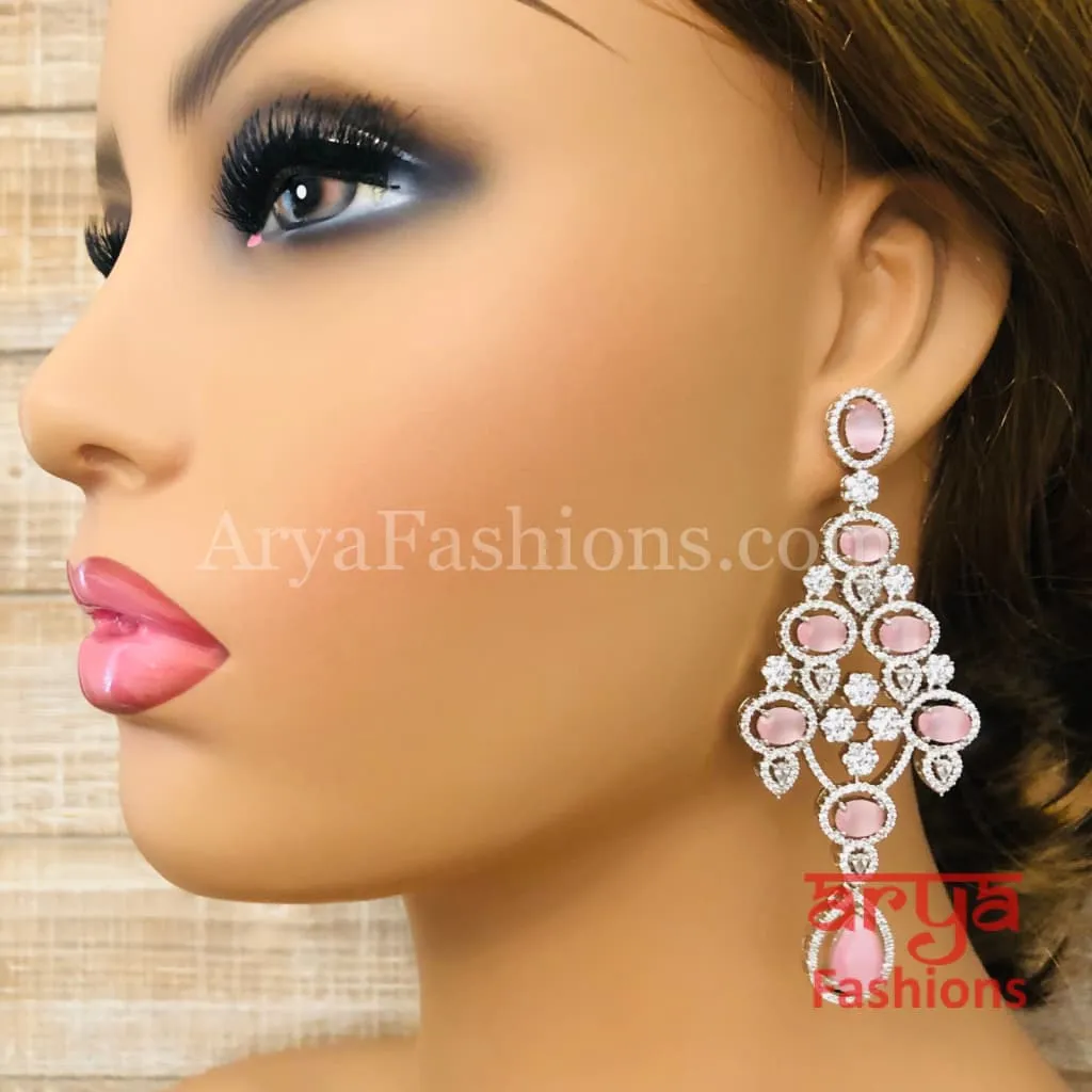 Rose Gold CZ Chandelier Earrings / Silver Colored Stones Chandbali Earrings