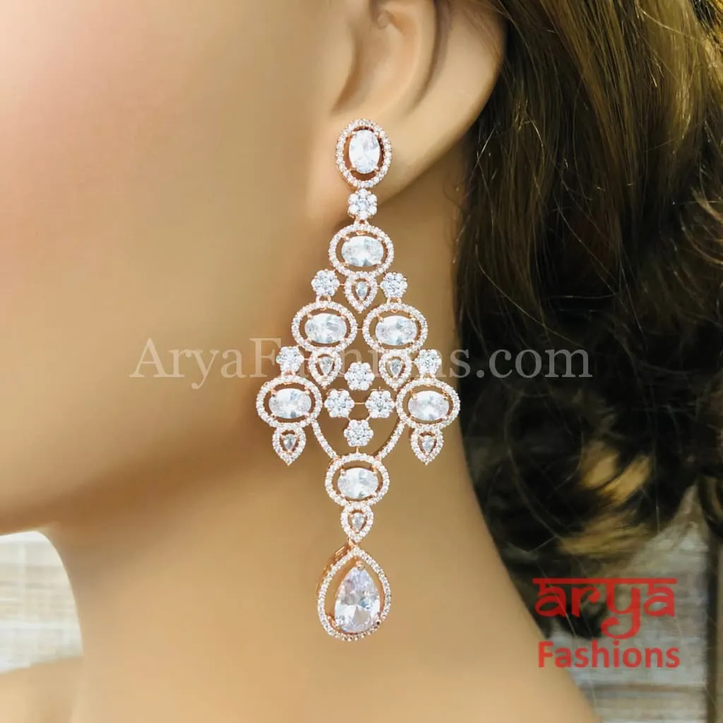 Rose Gold CZ Chandelier Earrings / Silver Colored Stones Chandbali Earrings