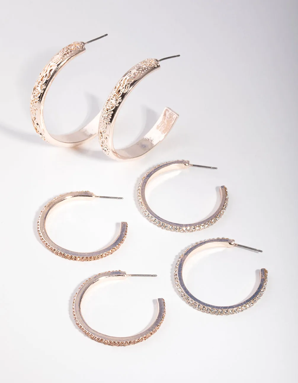 Rose Gold Diamante & Etched Hoop Pack Earring