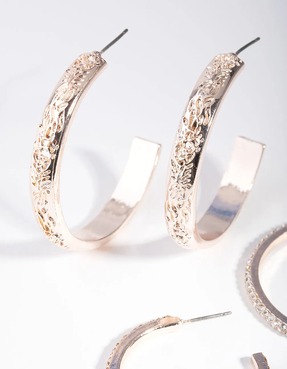 Rose Gold Diamante & Etched Hoop Pack Earring