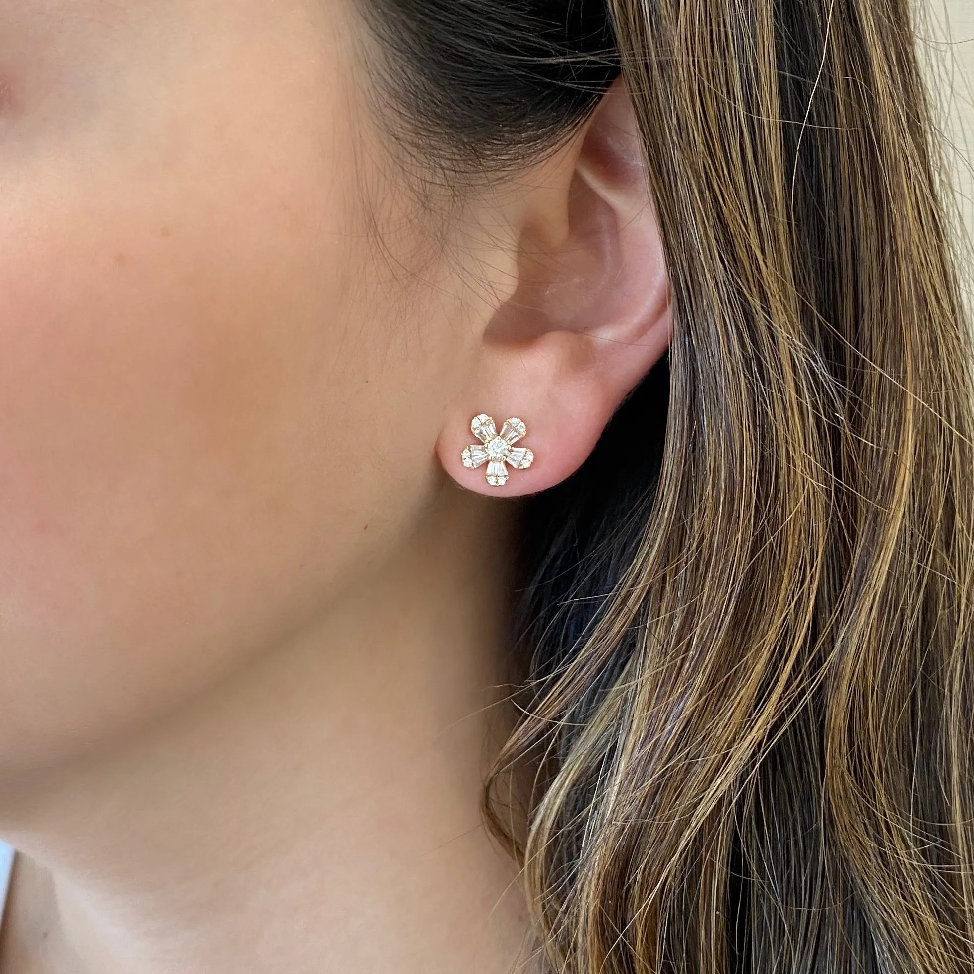 Round & Baguette Diamond Flower Stud Earrings