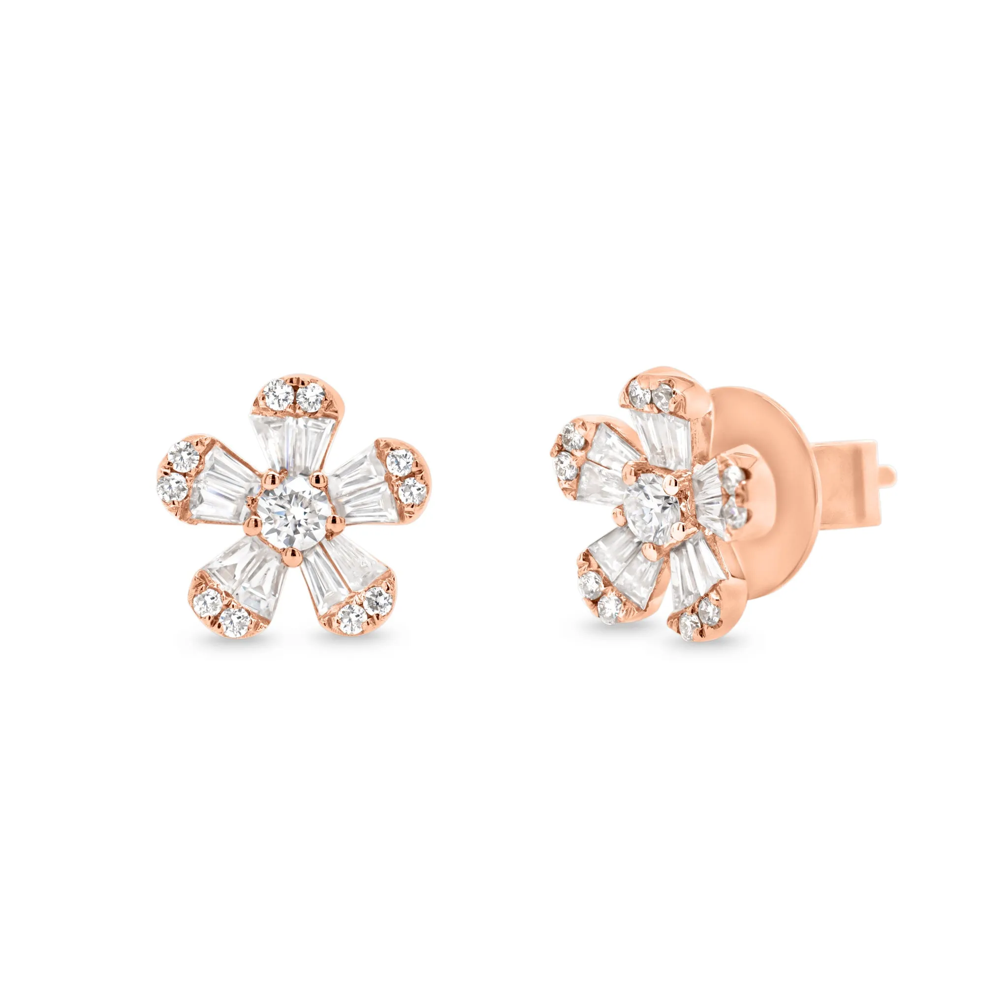 Round & Baguette Diamond Flower Stud Earrings