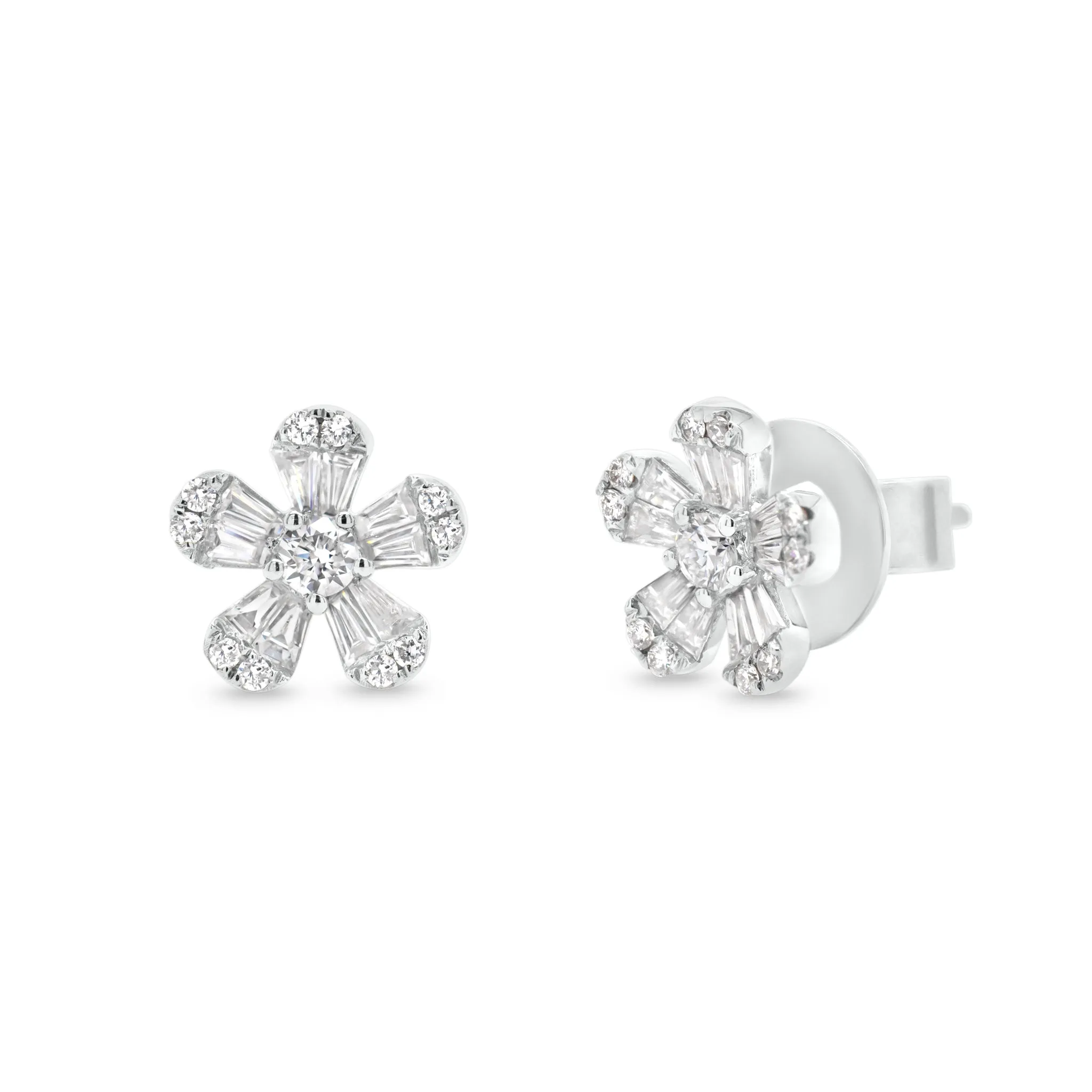 Round & Baguette Diamond Flower Stud Earrings