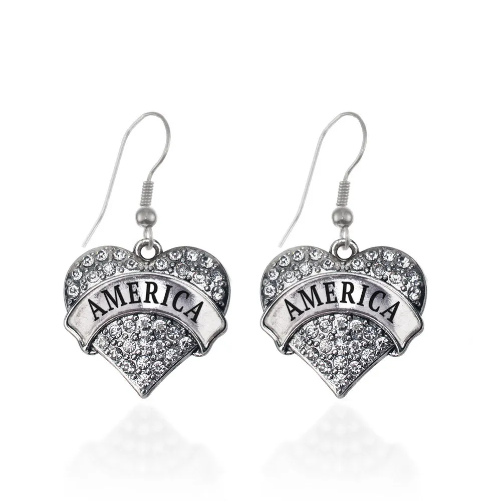 Silver America Pave Heart Charm Dangle Earrings