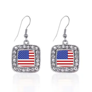 Silver American Flag Square Charm Dangle Earrings