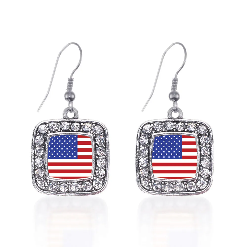 Silver American Flag Square Charm Dangle Earrings