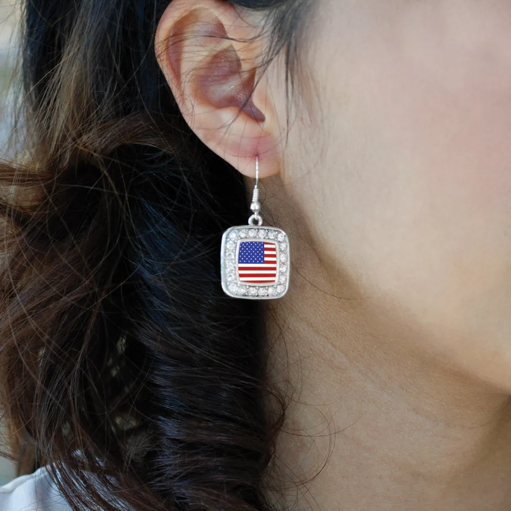 Silver American Flag Square Charm Dangle Earrings