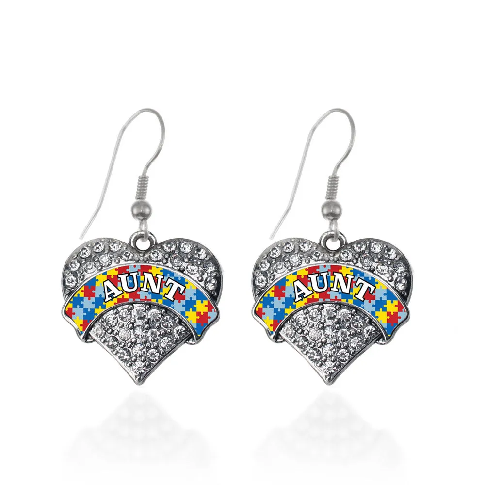 Silver Autism Aunt Pave Heart Charm Dangle Earrings