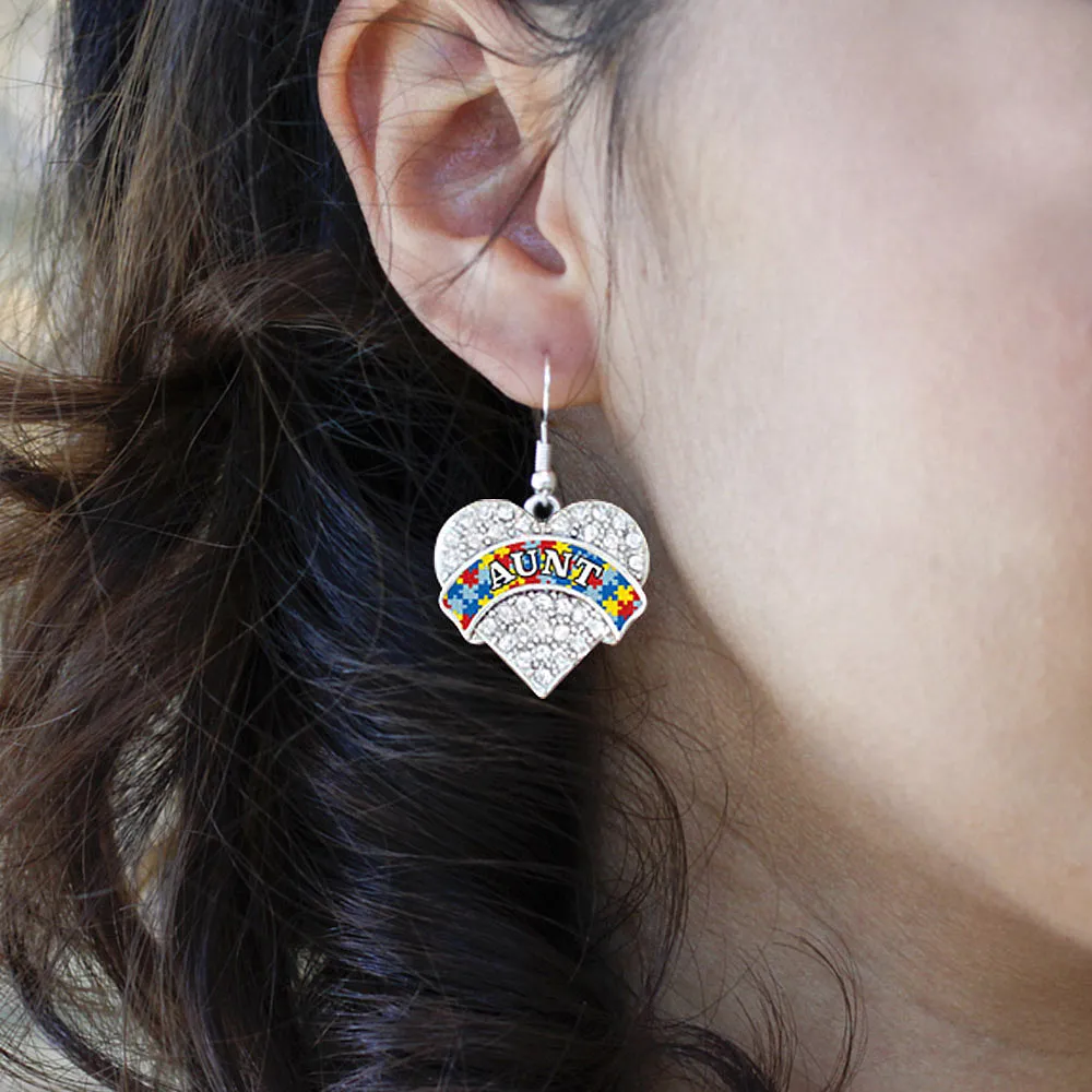 Silver Autism Aunt Pave Heart Charm Dangle Earrings