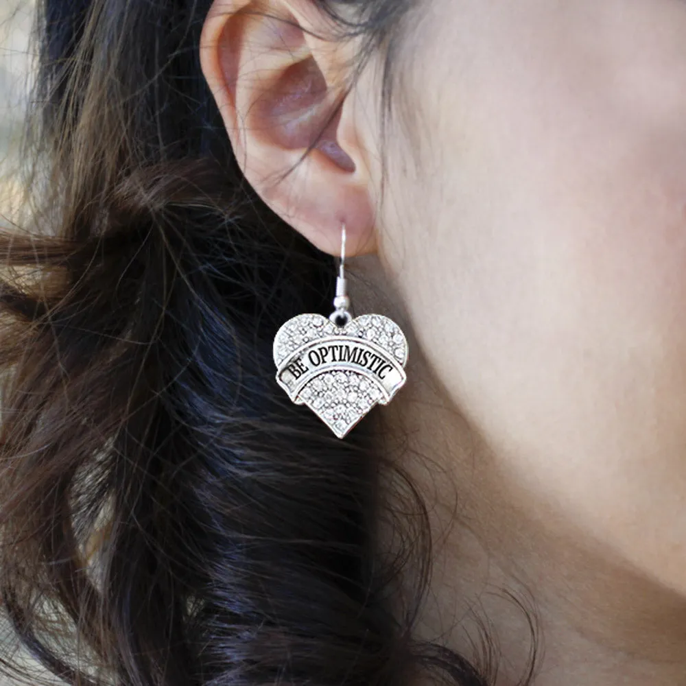 Silver Be Optimistic Pave Heart Charm Dangle Earrings