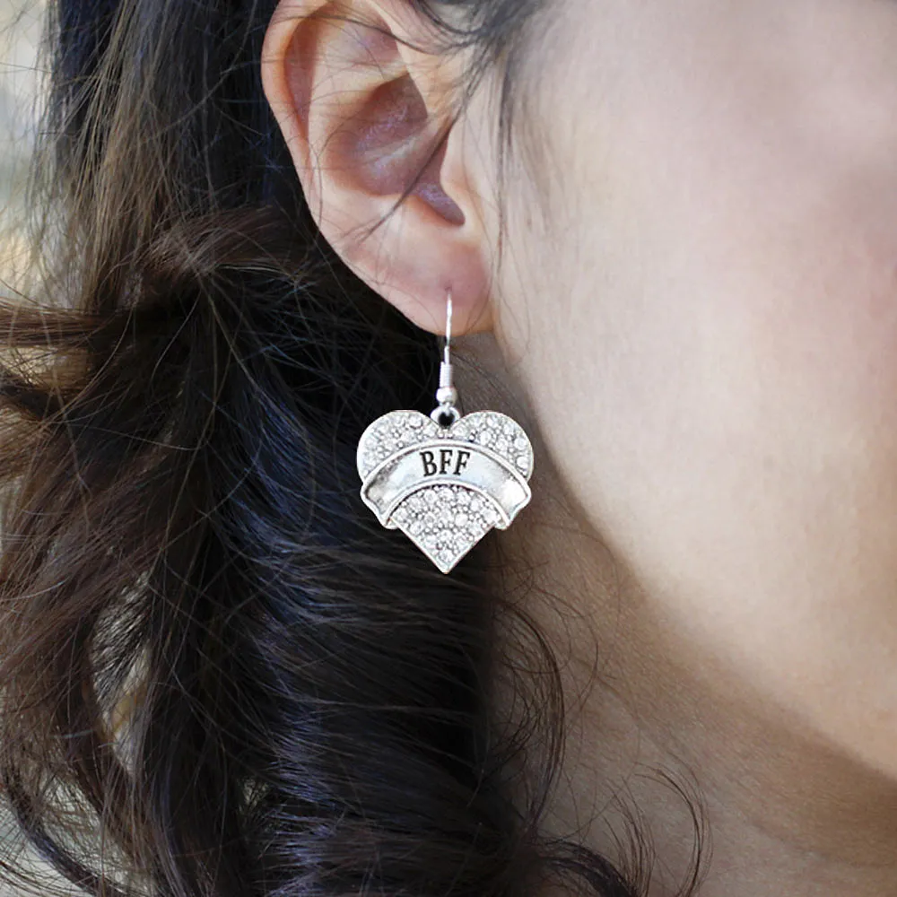 Silver BFF Pave Heart Charm Dangle Earrings